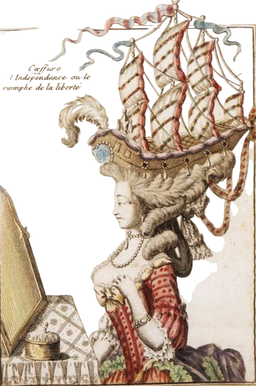 Gravure d’une coiffure « pouf » surmontée d’une frégate toutes voiles dehors