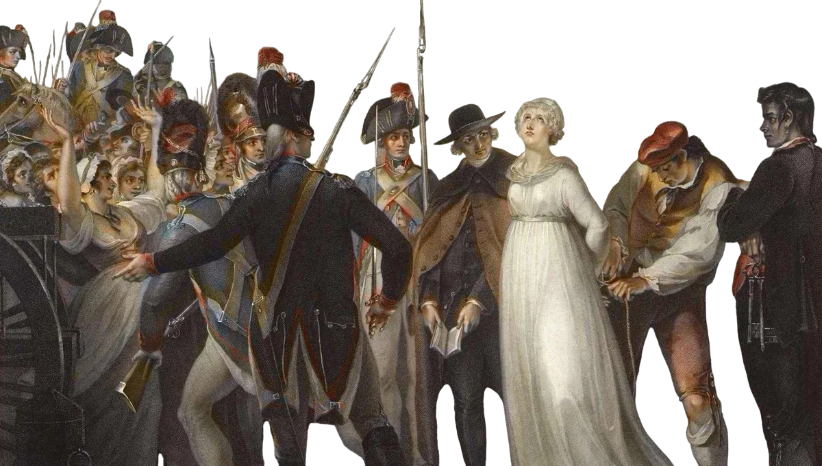 Marie-Antoinette en robe blanche, emmenée par des gardes au milieu de la foule révolutionnaire