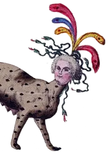 Pamphlet satirique représentant Marie-Antoinette en créature à corps de bête, coiffée de serpents et de plumes