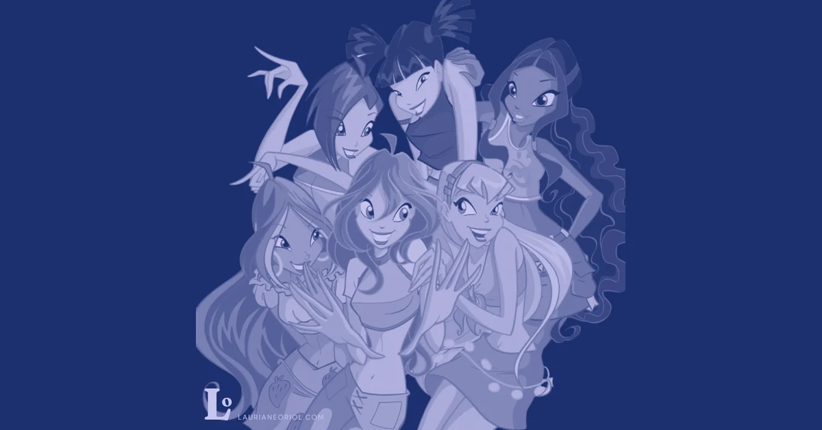 Les six fées Winx en bleu nuit, logo Lauriane Oriol